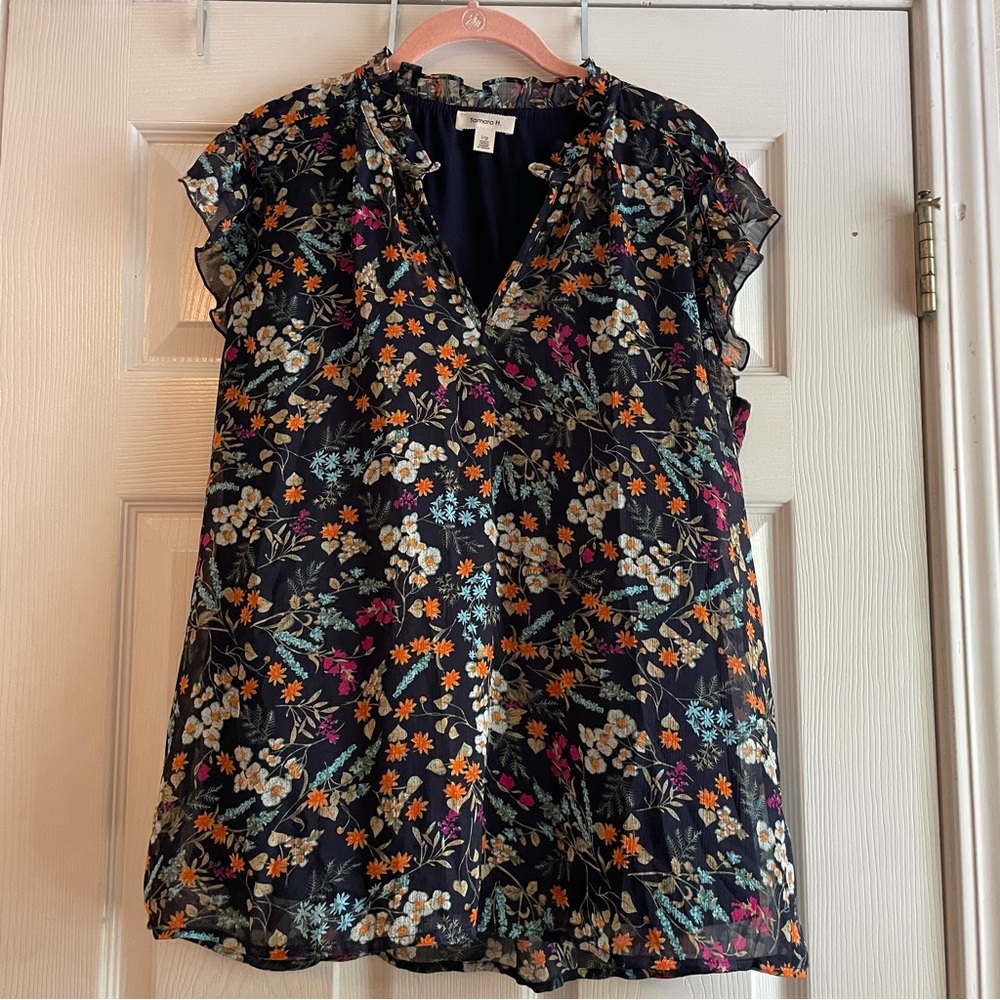 Tamara H Size Large Black White Floral Sheer Lined Layered Blouse